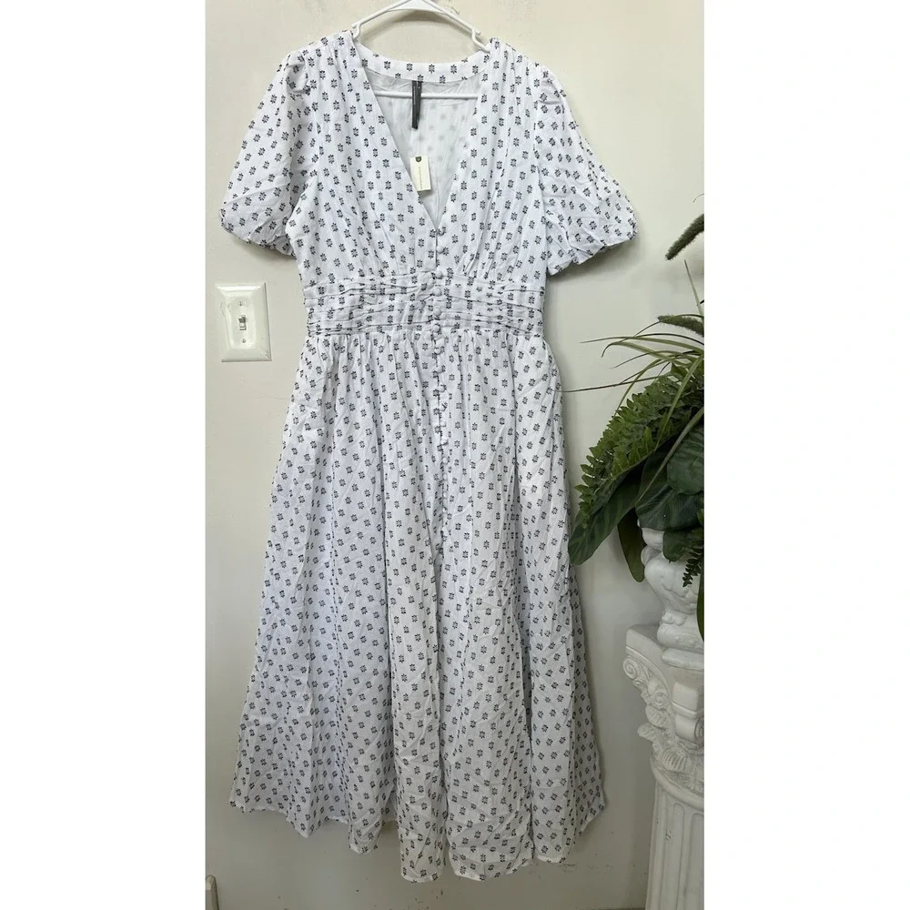 NWT Anthropologie Katerina Button Front Dress White Textured Midi Cottagecore XL - Picture 3 of 9